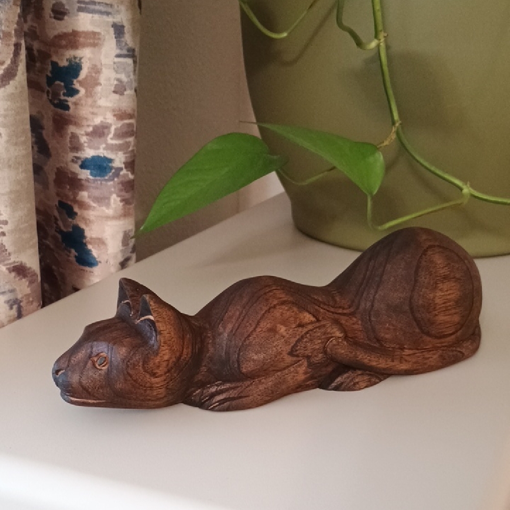 Vintage Handcrafted Solid Wood Cat Figurine
